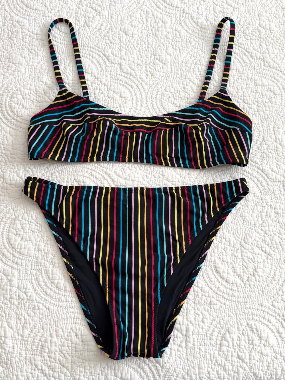 Solid & Striped Bikini Set Womens Medium Black Multicolor Retro Striped Summer